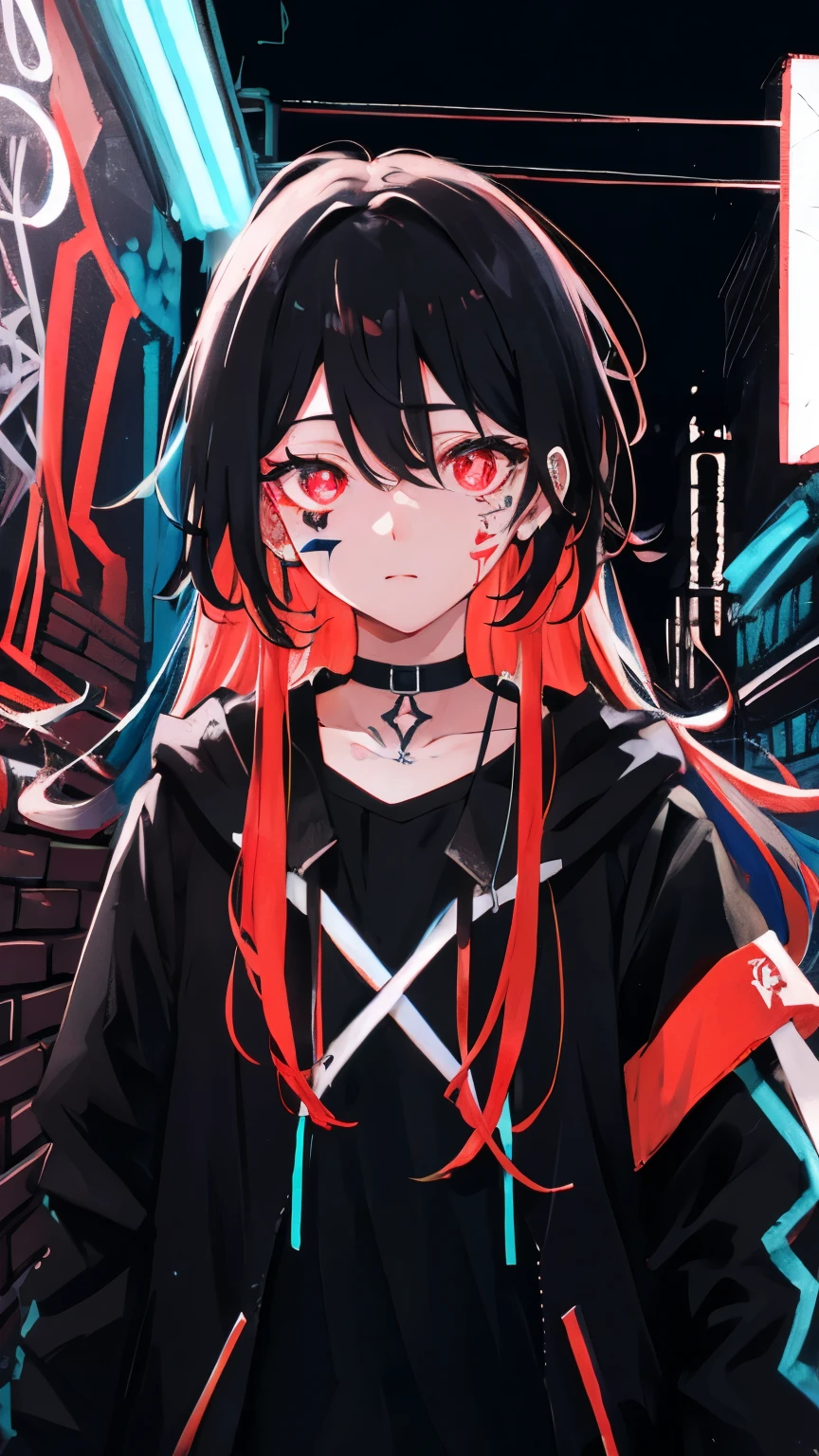 Highest quality, Intricate details, chromatic aberration, 1 girl, Long Hair, Black Hair, Messy Hair, Red highlights, Hair above one eye, Red eyes, Clear Eyes, choker, Neon Shirt, Torn legwear, Open jacket, Against the wall, Brick wall, graffiti, Shineing grafiti, Shineing tattoos, Shine, Neon Light, Black light,  