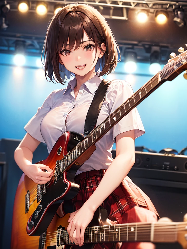 (Highest quality、8k、32K、masterpiece)、(Realistic)、(Realistic:1.2)、(High resolution)、Very detailed、Very beautiful face and eyes、(((Women's Solo Shot)))、Tight waist、(Highest quality、Attention to detail、Rich skin detail)、(Highest quality、8k、Oil paints:1.2)、(Realistic、Realistic:1.37)、Bright colors、(((Cowboy Shot)))、(((Bob Hair)))、(((Medium Hair)))、(((He has a happy face.)))、((smile))、(((Brown Hair)))、((Collared short-sleeved shirt, Checked shirt, Red and white shirt、red and white checked shirt、Black pleated skirt, mini skirt), )、(((Large crowd)))、(((Band performance)))、(((Inside the live house)))、(((Teeth are visible)))、(((She is a guitarist)))、((Waiting for the guitar))、(((Playing guitar)))