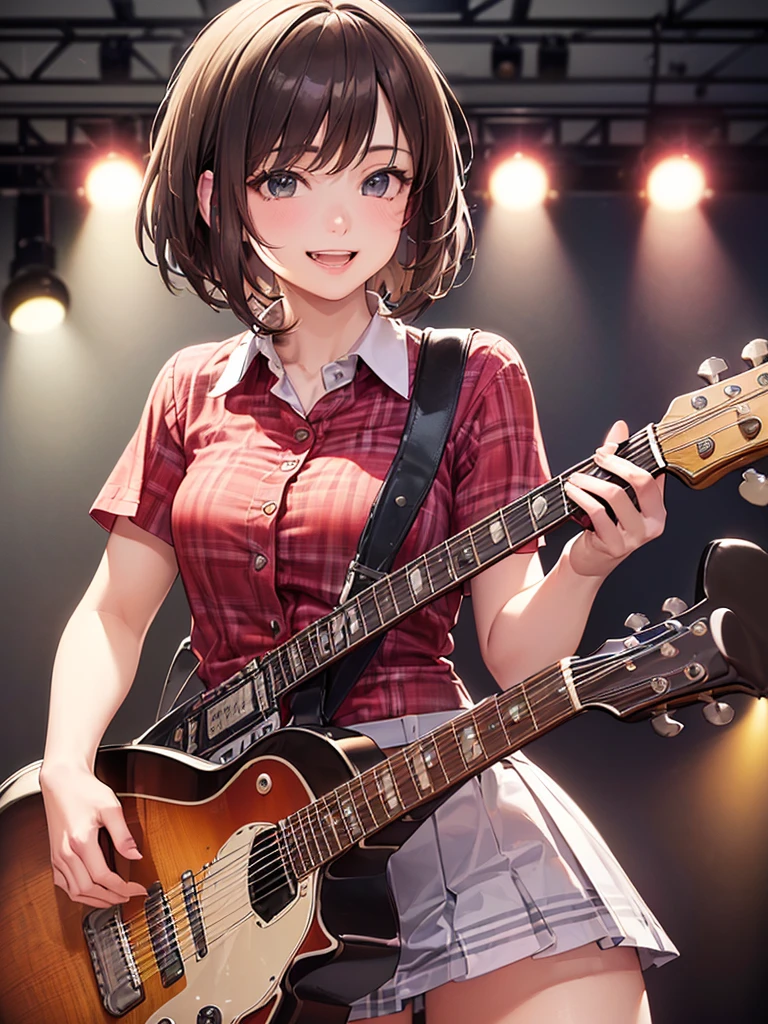 (Highest quality、8k、32K、masterpiece)、(Realistic)、(Realistic:1.2)、(High resolution)、Very detailed、Very beautiful face and eyes、(((Women's Solo Shot)))、Tight waist、(Highest quality、Attention to detail、Rich skin detail)、(Highest quality、8k、Oil paints:1.2)、(Realistic、Realistic:1.37)、Bright colors、(((Cowboy Shot)))、(((Bob Hair)))、(((Medium Hair)))、(((He has a happy face.)))、((smile))、(((Brown Hair)))、((Collared short-sleeved shirt, Checked shirt, Red and white shirt、red and white checked shirt、Black pleated skirt, mini skirt), )、(((Large crowd)))、(((Band performance)))、(((Inside the live house)))、(((Teeth are visible)))、(((She is a guitarist)))、((Waiting for the guitar))、(((Playing guitar)))