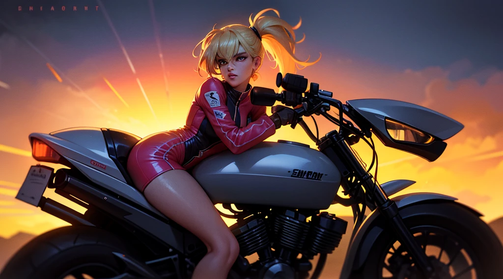 In the dimly-lit, neon-soaked world of 80's synthwave, a stunning blonde woman exudes effortless cool next to her motorcycle. Her long hair pulled back in a sleek ponytail, she dons a form-fitting racing outfit that perfectly complements the retro aesthetic. This scene is captured in a high-quality photograph, showcasing every meticulous detail with crystal clarity. The vibrant colors pop against the dusky backdrop, evoking a sense of nostalgia and style that transports viewers to a bygone era of glamour and speed