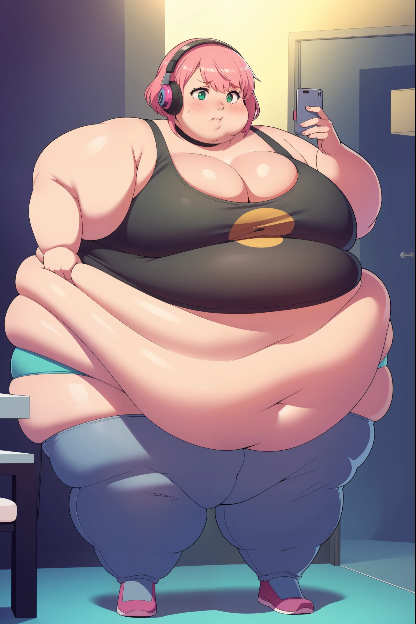 Round face, double chin, fat chin, fat cheeks, fat neck, round face, SSBBW, flabby arms, round face, double chin, fat double chin, big double chin, fat neck, chubby cheeks, fat thighs, fat calves, morbidly obese, flabby , giant , large belly, obese, fat face, belly, double chin, obesity, flabby breasts, fat arms and legs, fat everything,
((Masterpiece)), perfect anatomy, perfect shading, field of depth, (best quality), extremely delicate and beautiful, perfect lighting, detailed face, ultra cute face, cute, full body, (((1girl))), (((solo))), 

 gamer girl, short hair, fluffy hair, pink hair, hair covers one eye, green eye, ((blush))), embarrassed, (lack tank top 1.2), (panties 1.2), headset, thigh highs, choker, extremely tight clothes, medium breasts, cleavage, perky breasts,, fat rolls, belly hang, she has a jiggly belly, morbidly obese

 gaming pc, neon lights, messy room, taking a selfy, intricate background, detailed background,