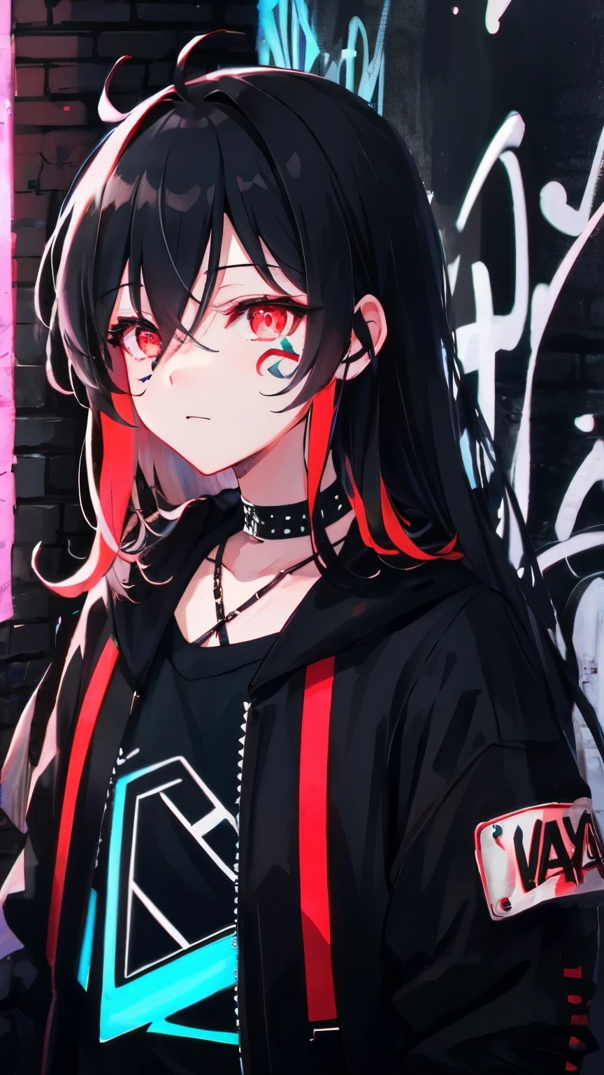 Highest quality, Intricate details, chromatic aberration, 1 girl, Long Hair, Black Hair, Messy Hair, Red highlights, Hair above one eye, Red eyes, Clear Eyes, choker, Neon Shirt, Torn legwear, Open jacket, Against the wall, Brick wall, graffiti, Shineing grafiti, Shineing tattoos, Shine, Neon Light, Black light,  