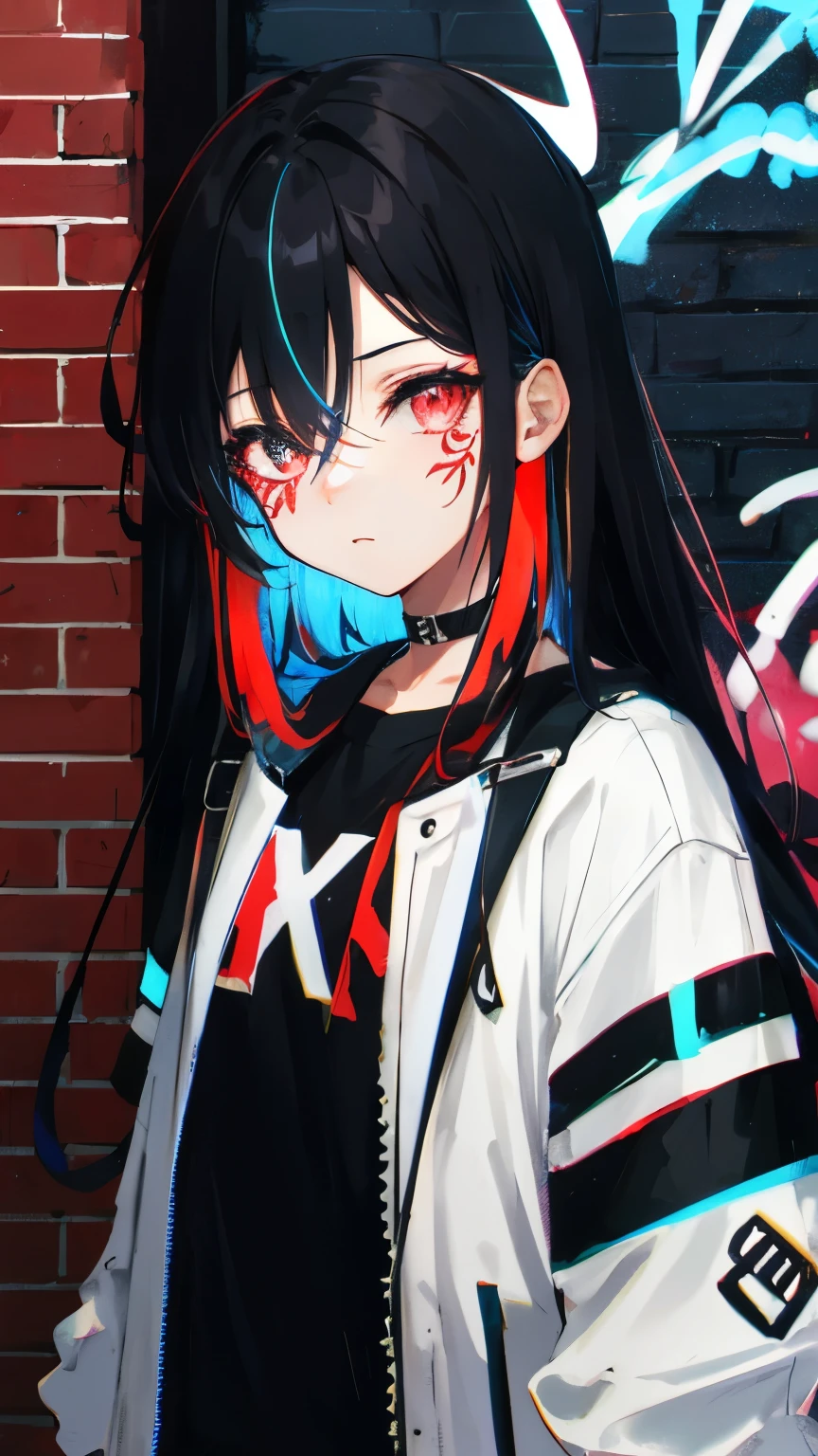 Highest quality, Intricate details, chromatic aberration, 1 girl, Long Hair, Black Hair, Messy Hair, Red highlights, Hair above one eye, Red eyes, Clear Eyes, choker, Neon Shirt, Torn legwear, Open jacket, Against the wall, Brick wall, graffiti, Shineing grafiti, Shineing tattoos, Shine, Neon Light, Black light,