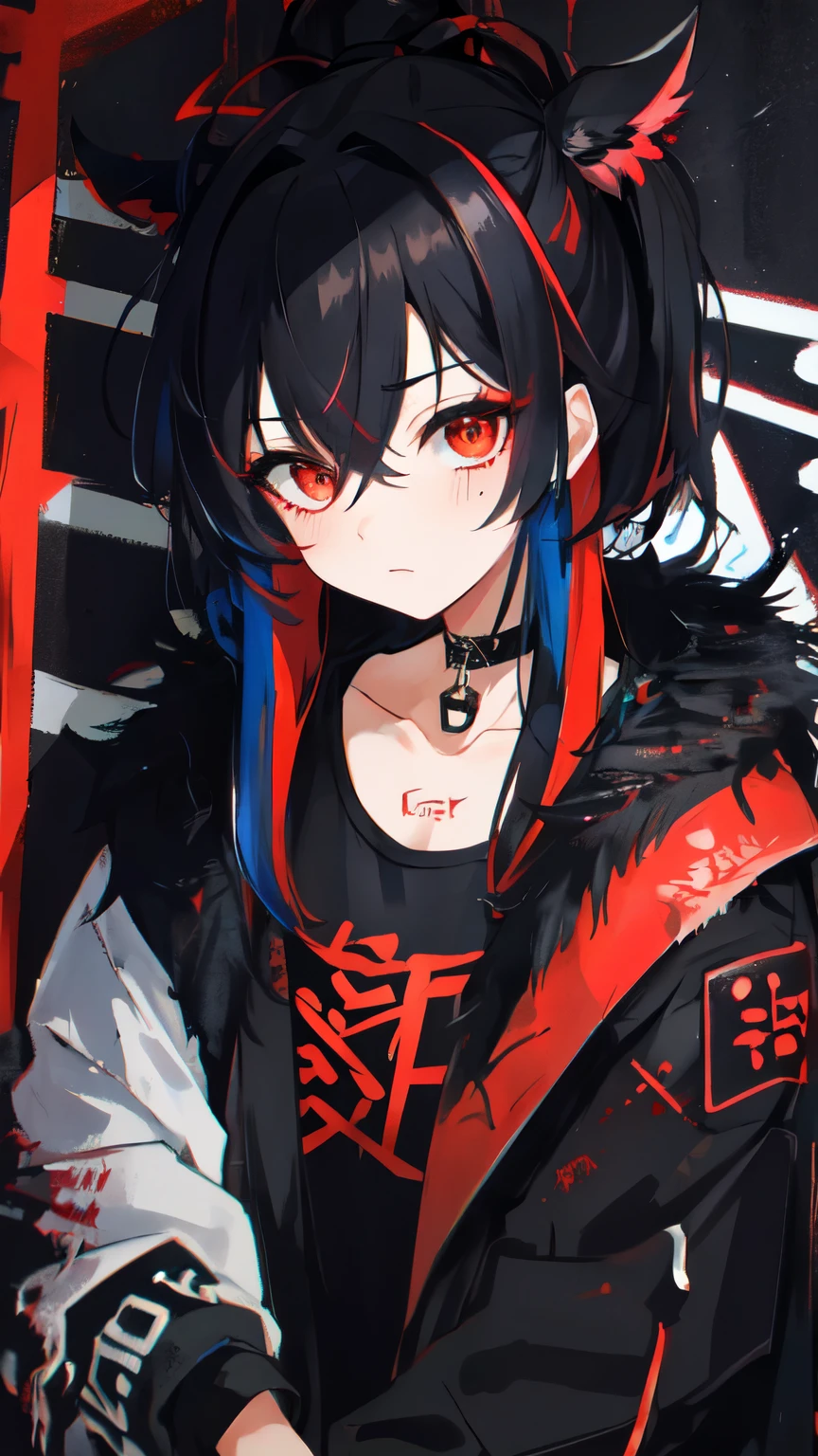 Highest quality, Intricate details, chromatic aberration, 

1 girl, Wide range, Black fur, Messy Hair, Red reflection, Hair above one eye, Red eyes, Sharp eyes, 

choker, Neon Shirt, Torn leg clothes, Open jacket, 

Against the wall, Brick wall, graffiti, shineing grafiti, shineing tattoos, shine, Neon Light, 


Black light,  