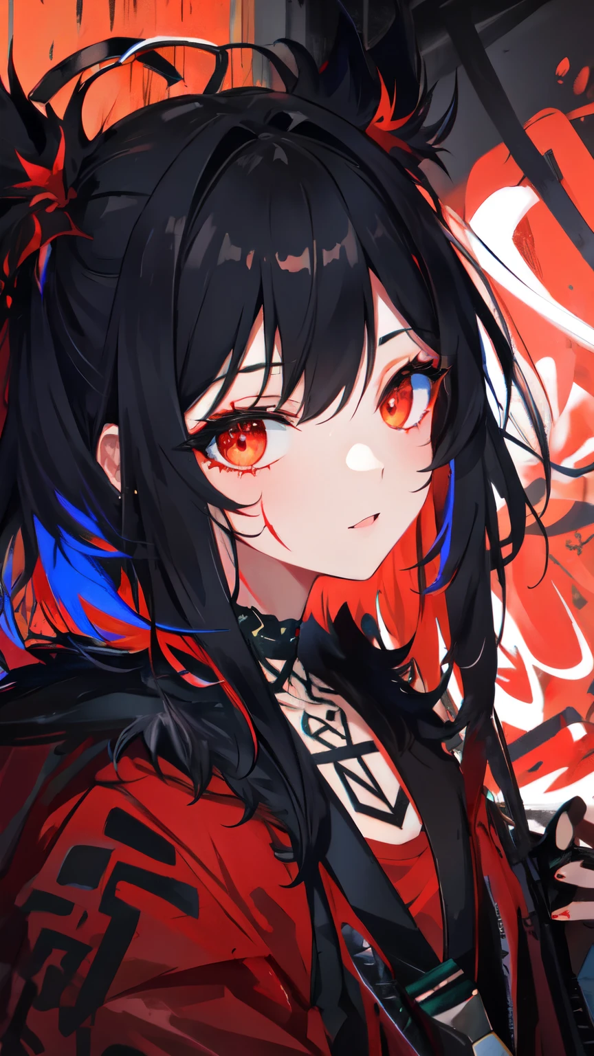 Highest quality, Intricate details, chromatic aberration,
1 girl, Wide range, Black fur, Messy Hair, Red reflection, Hair above one eye, Red eyes, Sharp eyes,
choker, Neon Shirt, Torn leg clothes, Open jacket,
Against the wall, Brick wall, graffiti, shineing grafiti, shineing tattoos, shine, Neon Light,
Black light,