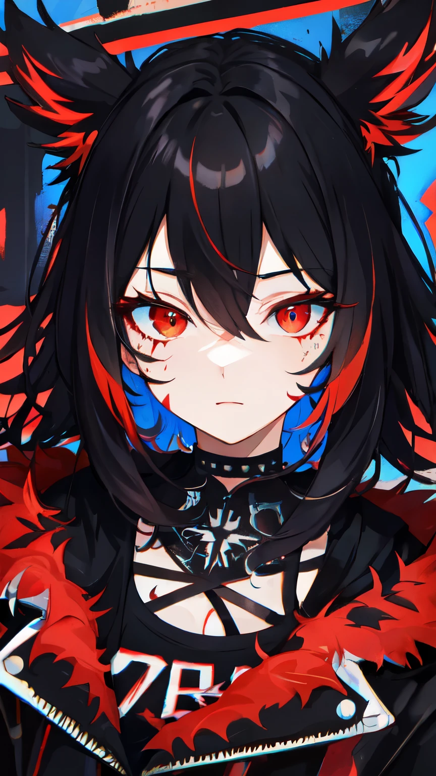 Highest quality, Intricate details, chromatic aberration,
1 girl, Wide range, Black fur, Messy Hair, Red reflection, Hair above one eye, Red eyes, Sharp eyes,
choker, Neon Shirt, Torn leg clothes, Open jacket,
Against the wall, Brick wall, graffiti, shineing grafiti, shineing tattoos, shine, Neon Light,
Black light,