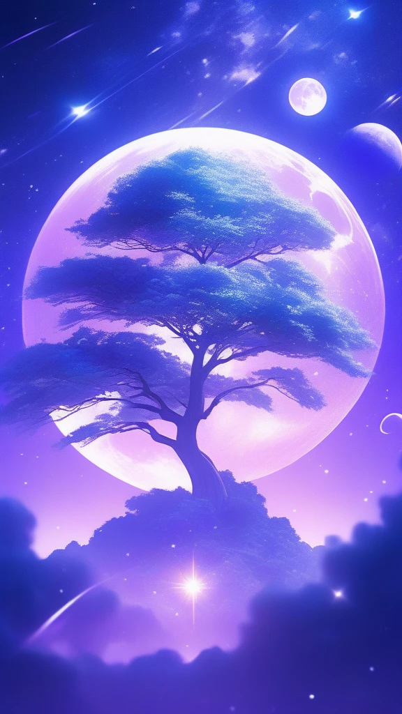 A tree in space，moon on sky, Light violet and light indigo style, Anime art, nightcore, Fantastic collage, glimmering, UHD image, zen buddhism influence,Dreamy,16k