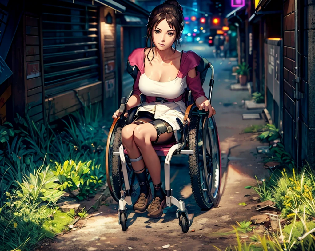 Best Quality, very detailed, highres, full body, BREAK, solo, a girl sitting in a futuristic wheelchair. She is around a cyberpunk pub.