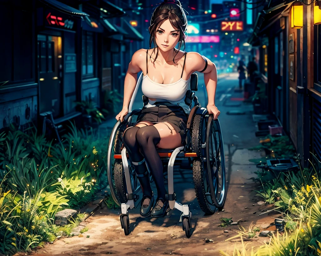 Best Quality, very detailed, highres, full body, BREAK, solo, a girl sitting in a futuristic wheelchair. She is around a cyberpunk pub.