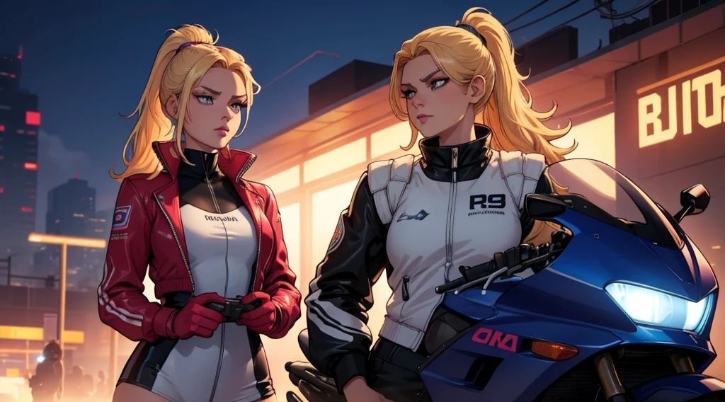 In the dimly-lit, neon-soaked world of 80's synthwave, a stunning blonde woman exudes effortless cool next to her motorcycle. Her long hair pulled back in a sleek ponytail, she dons a form-fitting racing outfit that perfectly complements the retro aesthetic. This scene is captured in a high-quality photograph, showcasing every meticulous detail with crystal clarity. The vibrant colors pop against the dusky backdrop, evoking a sense of nostalgia and style that transports viewers to a bygone era of glamour and speed