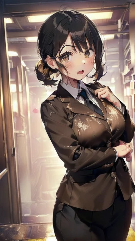 (must be follow these prompts:2.2),masterpiece,best quality,extremely detailed,(in her clothing:3.0),(in her formal styled business suit clothing:2.6),(adorable expression:2.5),(usual face:2.2),(displayed one girl on single picture:2.4),(black hair:2.1),(A short, slightly plump new employee in a business suit working in modern Tokyo:2.2),(The new employee is short and wears a business suit that looks ready to burst.:2.1),(A cute moan like a young girl:2.1),(The new employee was covered in very pale amber-colored semen that had soaked into his clothes.:1.5),(The new employee is wearing a business suit that has been stained with a slightly brownish-yellowish stain from a previous .:1.8),(The new employee's breasts, covered by her business suit, are bulging out due to her strong sexual desire.:1.9),(Lewd love juices dripping down the inner thighs of his dark grey trousers:2.1),(in her clothing massively ejaculated:2.6),(in her clothing over and over again ejaculated:2.4),(seminal frousy girl:1.9),(in her clothing unbelievably ejaculated:2.4),(men's elected twangers were inserted her:2.3),(in her clothing massively ejaculated:2.2),(A new employee with a plump, round body:2.3),(she was already stroked up to the depth intervaginal sensual spot:1.7),(notably buldged up her inner labia majora:2.6),(A young, shy moan:1.5),(having big breasts in her clothing:2.5),(A new employee with a very innocent look while working in the office:2.3),(The new employee is short but has a slightly plump body.:2.1),(The crotch of his dark grey trousers is heavily discolored with love juice stains.:2.5),(The new employee is convulsing and dripping love juice from her pussy, which is hidden under her pants.:1.8),(The new employee's dark grey trousers, tightly encircling her plump thighs, are damp with lascivious secretions.:1.9),(The new employee endures the slush between his legs by keeping his dark grey trousers on tight.:2.5),(The corner of a young girl's body々A new employee whose entire body was toyed with by the lewd urges that wriggled wetly.:1.7),(A new employee who is always holding his crotch over his dark grey trousers:1.7),(A moan filled with childish embarrassment:1.5),(The new employee's suit-covered breasts and nipples are bulging with lust.:1.8),(The new employee's lewd body beneath her clothes is swelling slightly with her lascivious reaction.:1.6),(The new employee works very diligently.:2.5),(The new employee has short, thick legs.:2.2),(first time々New Employees:2.2),(she looks like japanese idol:2.3),(The dark grey trousers are made of a durable fabric that will never tear.:4.3),(Her bursting breasts are completely hidden under a dark grey office suit:2.4),(she looks like a lolita:2.0),(All of this happened to the new employee himself, not anyone else.:2.1),(Slimy semen was leaking from the crotch area of his dark grey trousers.:1.6),(tough business suit:2.2),(Make sure to depict the face:5.3),(Calm expression:4.3),(Innocent face:3),(The story focuses on just that one new employee.:3.3),(The only characters that appear are the new recruits.:4.2),(Portrait Style:5)