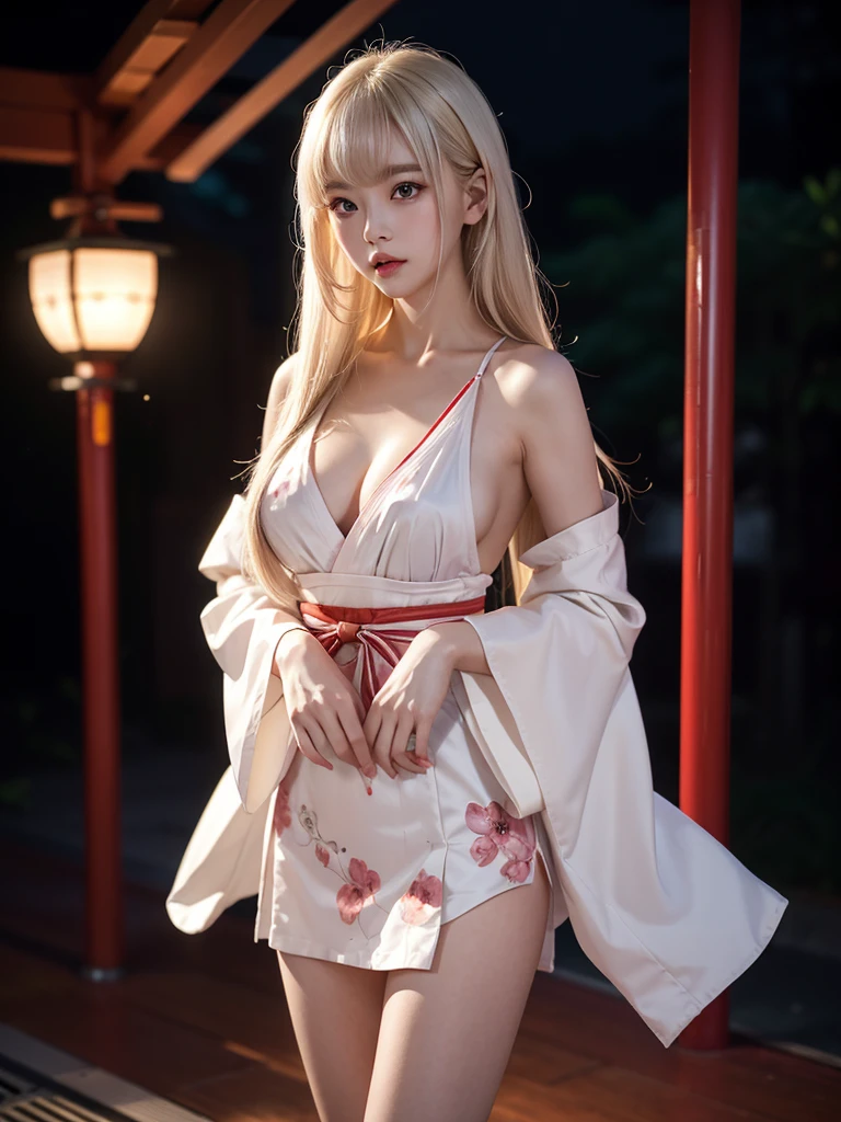 shrine maiden, japanese clothes, detached sleeves
hakama short skirt ((knee shot)), ((Standing, Elegant posture, Attractive posture)), Platinum Blonde Fine Hair、Extra long silky straight hair、Big eyes with bangs and eyeliner、Visible cleavage、Nordic Youth、Perfect body、Very beautiful and cute、White Skin、Smooth and radiant skin、Young and beautiful skin、Perfect beautiful little face、Shiny Makeup、Thin pink lip gloss expression、girl、Lipstick、Deceptive advertising、{Steaming hot}、Audience perspective、Primetime lights、Bokeh atmosphere perspective、Detailed movie lighting、Intricate details、high resolution、 Details of facial design、High Detail、Be focused、Smoothness、aesthetics、Print、Octane Renderer、{{masterpiece}}