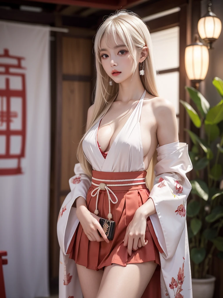 shrine maiden, japanese clothes, detached sleeves
hakama short skirt ((knee shot)), ((Standing, Elegant posture, Attractive posture)), Platinum Blonde Fine Hair、Extra long silky straight hair、Big eyes with bangs and eyeliner、Visible cleavage、Nordic Youth、Perfect body、Very beautiful and cute、White Skin、Smooth and radiant skin、Young and beautiful skin、Perfect beautiful little face、Shiny Makeup、Thin pink lip gloss expression、girl、Lipstick、Deceptive advertising、{Steaming hot}、Audience perspective、Primetime lights、Bokeh atmosphere perspective、Detailed movie lighting、Intricate details、high resolution、 Details of facial design、High Detail、Be focused、Smoothness、aesthetics、Print、Octane Renderer、{{masterpiece}}
