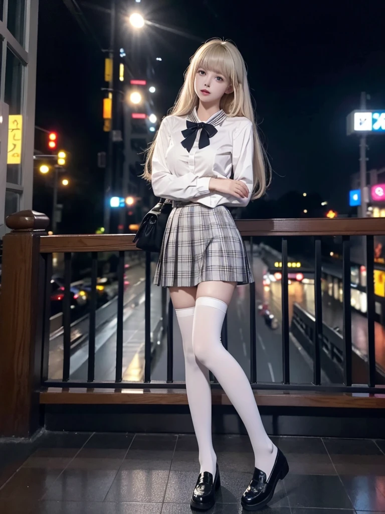 white thighhighs
loafers
black footwear
brown footwear
mary janes
pleated skirt
plaid skirt
serafuku ((knee shot)), ((Standing, Elegant posture, Attractive posture)), Platinum Blonde Fine Hair、Extra long silky straight hair、Big eyes with bangs and eyeliner、Visible cleavage、Nordic Youth、Perfect body、Very beautiful and cute、White Skin、Smooth and radiant skin、Young and beautiful skin、Perfect beautiful little face、Shiny Makeup、Thin pink lip gloss expression、girl、Lipstick、Deceptive advertising、{Steaming hot}、Audience perspective、Primetime lights、Bokeh atmosphere perspective、Detailed movie lighting、Intricate details、high resolution、 Details of facial design、High Detail、Be focused、Smoothness、aesthetics、Print、Octane Renderer、{{masterpiece}}