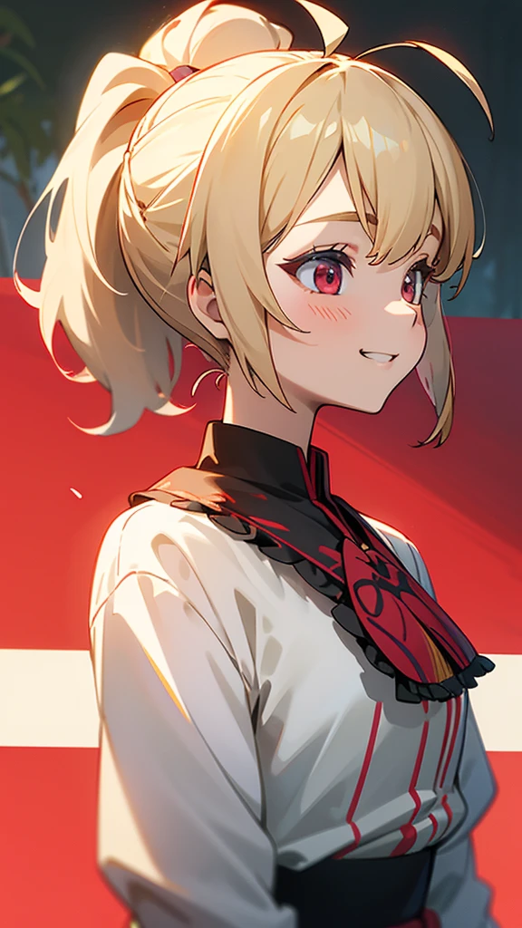 1girl、blonde、ponytail、Round red eyes、Ahoge、Blouse shirt with ethnic patterns and primary colors、Grin、profile、Upper body close-up、Morning Park、Background Blur, Written boundary depth