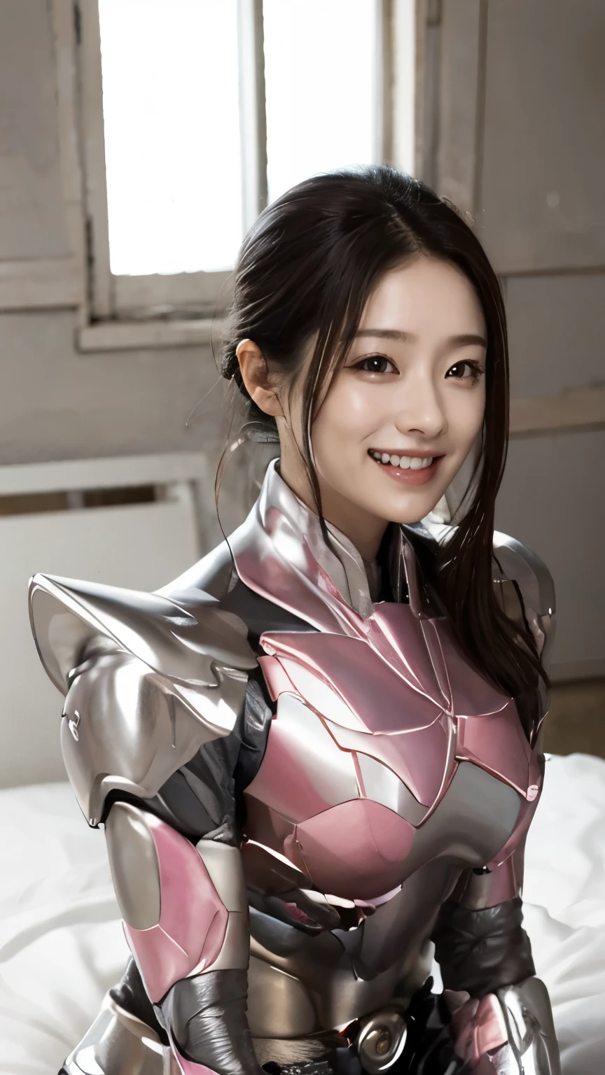 A bright pink, thin metal powered armor.を着た25歳の美しい日本人女性:1.8,、A bright pink, thin metal powered armor.:1.5, No skin exposure:1.5, smile,On the bed:1.3,Big Breasts:1.5,Black Hair:1.5