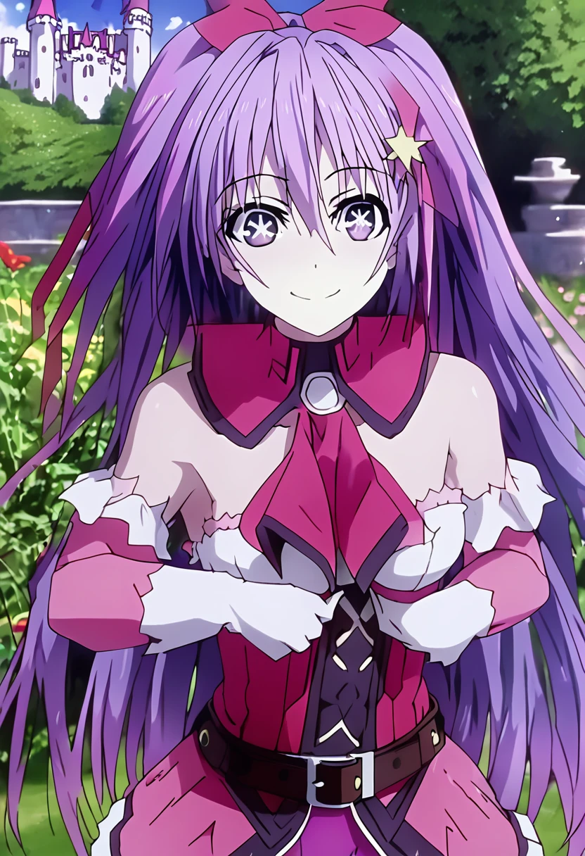 great quality ++ Extremely detailed high resolutionolution, very aesthetic, expressive eyes, (((perfect face))), (((face symmetrical))), ((good anatomy)), (((perfect hands))), (((8k))), UHD, HD wallpaper, (((detailed high cal, (((((1girl)))))), only, masterpiece, La Best Quality, high resolution, Highly detailed, (illustration), beautiful detailed eyes, (((combatant))), (((((date a live))))), ((((full body)))), (((((Miku Izayoi))))), ((((((((purple hair)))))))), ((((((((purple eyes)))))))), (((rvcm_duotone3_haiRstyle))), (((agglutination))), Combination, (((mature female))), (((bangs))), (((blunt bangs))), (((hime cut))), (((hair ornament))), (((Idol))), (((Concert))), (((dome))), (((dancing))), (((Singing))), (((((((star-shaped pupils))))))), ((((purpler hair)))), (((purple eyes))), (((pink dress))), (((Sleeveless Dress))), (((pink gloves))), (((pink thighhighs))), (((belt))), (((narrow shoulders))), (((narrow waist))), (((They are smiling))), Long hair, huge, garden of a castle, (((mature female))), masterpiece, Best Quality, ((masterpiece)), ((best calidra derailed)), Upper part of the body, (((face to face look))),