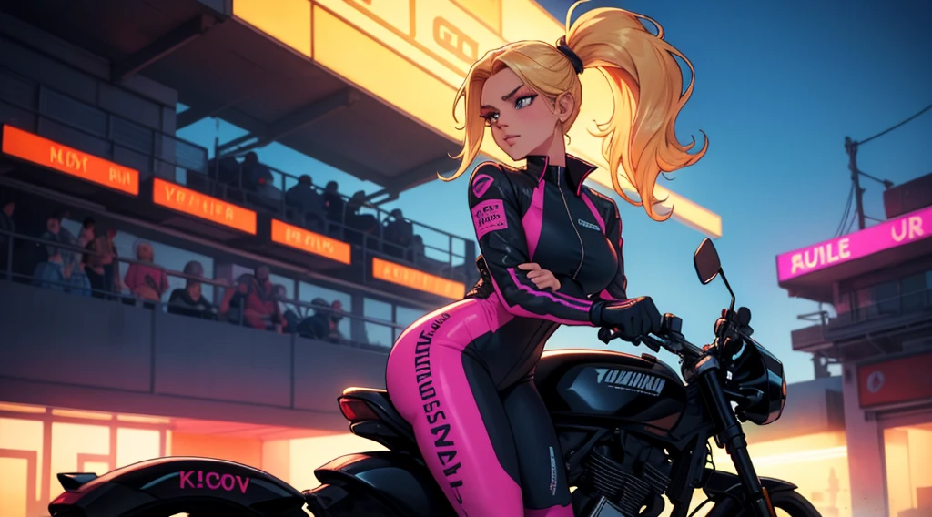 In the dimly-lit, neon-soaked world of 80's synthwave, a stunning blonde woman exudes effortless cool next to her motorcycle. Her long hair pulled back in a sleek ponytail, she dons a form-fitting racing outfit that perfectly complements the retro aesthetic. This scene is captured in a high-quality photograph, showcasing every meticulous detail with crystal clarity. The vibrant colors pop against the dusky backdrop, evoking a sense of nostalgia and style that transports viewers to a bygone era of glamour and speed