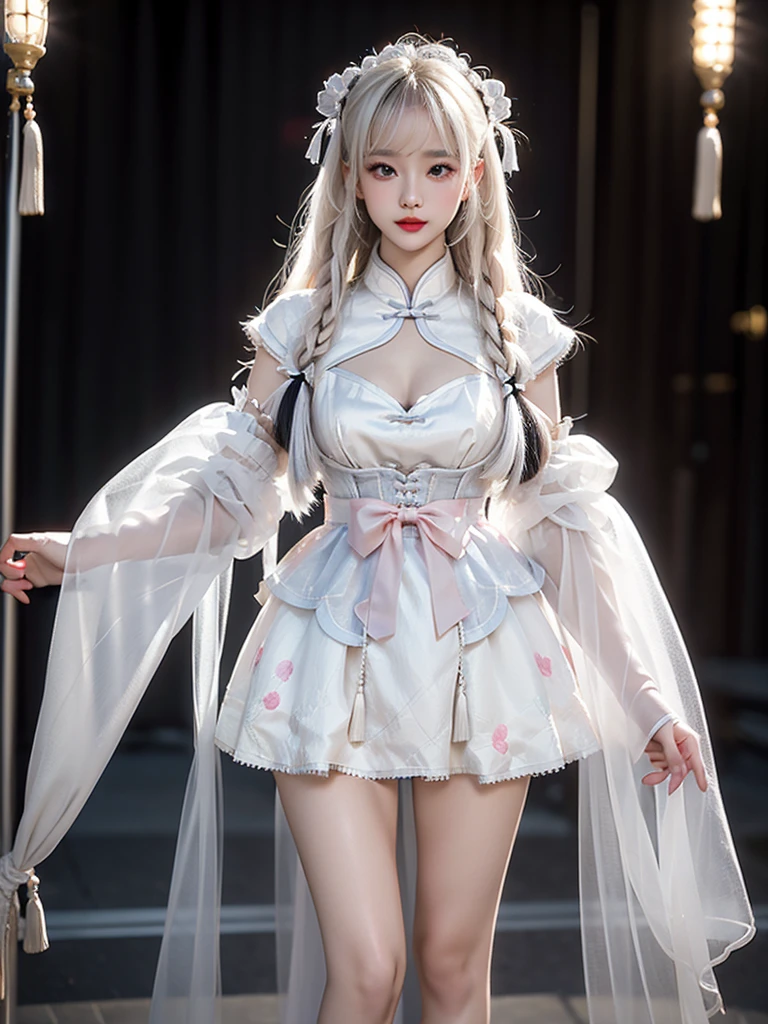 cyb dress, chinese clothes, detached collar, clothing cutout, wide sleeves, see-through sleeves, Tassel ((knee shot)), ((Standing, Elegant posture, Attractive posture)), Platinum Blonde Fine Hair、Extra long silky straight hair、Big eyes with bangs and eyeliner、Visible cleavage、Nordic Youth、Perfect body、Very beautiful and cute、White Skin、Smooth and radiant skin、Young and beautiful skin、Perfect beautiful little face、Shiny Makeup、Thin pink lip gloss expression、girl、Lipstick、Deceptive advertising、{Steaming hot}、Audience perspective、Primetime lights、Bokeh atmosphere perspective、Detailed movie lighting、Intricate details、high resolution、 Details of facial design、High Detail、Be focused、Smoothness、aesthetics、Print、Octane Renderer、{{masterpiece}}