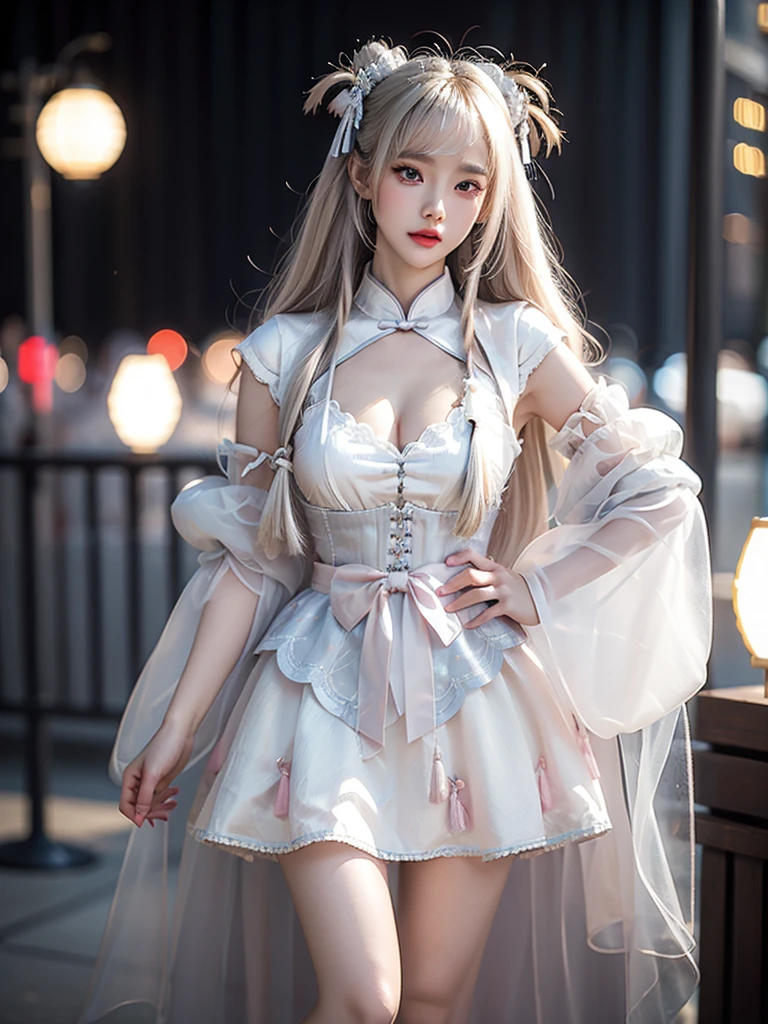 cyb dress, chinese clothes, detached collar, clothing cutout, wide sleeves, see-through sleeves, Tassel ((knee shot)), ((Standing, Elegant posture, Attractive posture)), Platinum Blonde Fine Hair、Extra long silky straight hair、Big eyes with bangs and eyeliner、Visible cleavage、Nordic Youth、Perfect body、Very beautiful and cute、White Skin、Smooth and radiant skin、Young and beautiful skin、Perfect beautiful little face、Shiny Makeup、Thin pink lip gloss expression、girl、Lipstick、Deceptive advertising、{Steaming hot}、Audience perspective、Primetime lights、Bokeh atmosphere perspective、Detailed movie lighting、Intricate details、high resolution、 Details of facial design、High Detail、Be focused、Smoothness、aesthetics、Print、Octane Renderer、{{masterpiece}}