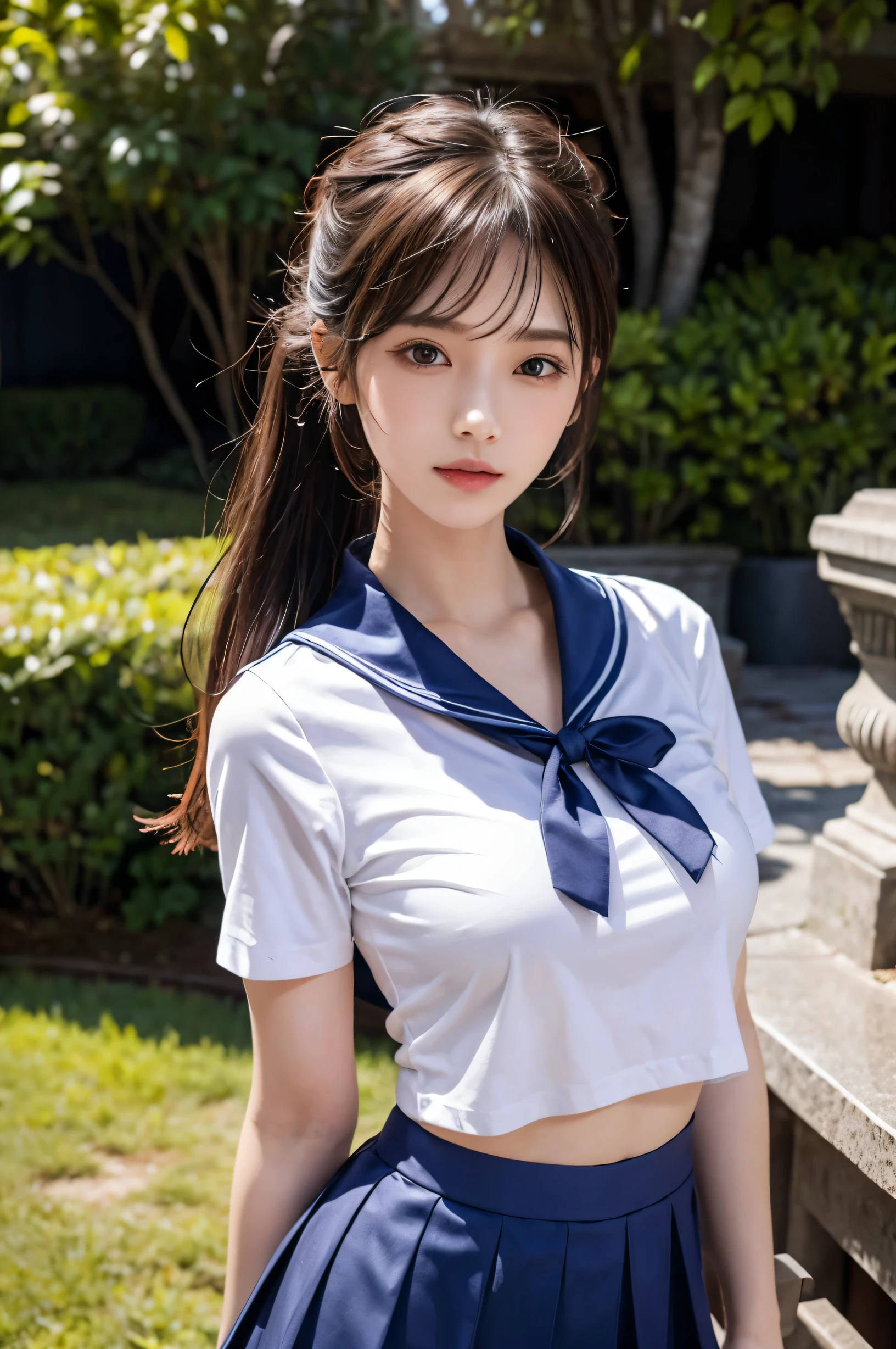 (Ultra HD), (Sailor suit:1.4, White short sleeve shirt, Navy blue mini skirt), Big Breasts, slender, whole body, Standing posture, (Clean and shiny skin, Whitening, No makeup), (Super slim face, Super beautiful face), (Light Brown Ponytail, Layered Cut, Fluffy hair), (double eyelid, Slanted Eyes), Small Nose, Thin lips, Thin legs, Garden