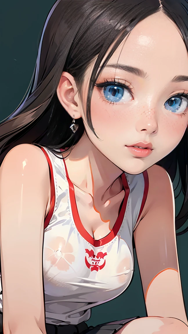((((highest quality)))), (((Ultra-precision CG 16K))), (((masterpiece))), (((Very detailed))), (((Extremely detailed))), (((Black outline:1.3, Written boundary depth:1.3 , Written soft outline))), Maximum clarity and sharpness,Multilayer Texture, Surface Shading, Cinematic lighting, Beautiful details sparkle ,Perfect Proportions, Limited to three woman, BREAK accurate, Anatomically correct, Highly detailed face and skin texture, drawn in detail, Highly detailed facial and skin texture, Detailed eyes, beautiful hair, Beautiful Japanese Idol face, Beautiful and beautiful eyes, Beautiful body, Beautiful breasts, Beautiful thighs, Beautiful legs, Beautiful fingers, (Beautiful views) , skinny body, ((Beautiful Skin)), ((Skin Texture)) BREAK breast enlarged, medium Breasts, rocket breasts, (perky breasts), (covered nipples), slender waist, ( narrow eyes, blush, determined expression, hot, sweaty , Heavy breathing,) BREAK (((wearing oversized character printed sexy tank top, wearing outfit in casual way, wearing pleats mini-skirt, breasts is covered by outfit))) , wearing earrings, BREAK ( stick breast out),(((looking at viewer, super detailed background , ))), BREAK (((portrait, close up face, cowboy shot, looking at viewer, \(face waiting for kiss\):1.3))), BREAK (sitting, a girl Applying Lipstick In front of vanity table Mirror:1.3, natural make),