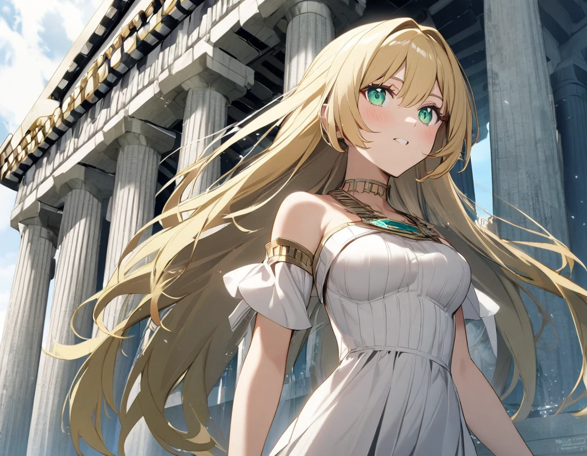 1girl,blonde hair,straight long hair,emeraldgreen eyes,medium breasts,sightseeing,Parthenon