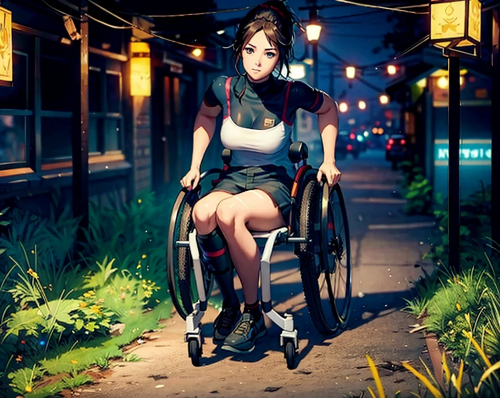 Best Quality, very detailed, highres, full body, BREAK, solo, a girl sitting in a futuristic wheelchair. She on a cyberpunk pub.