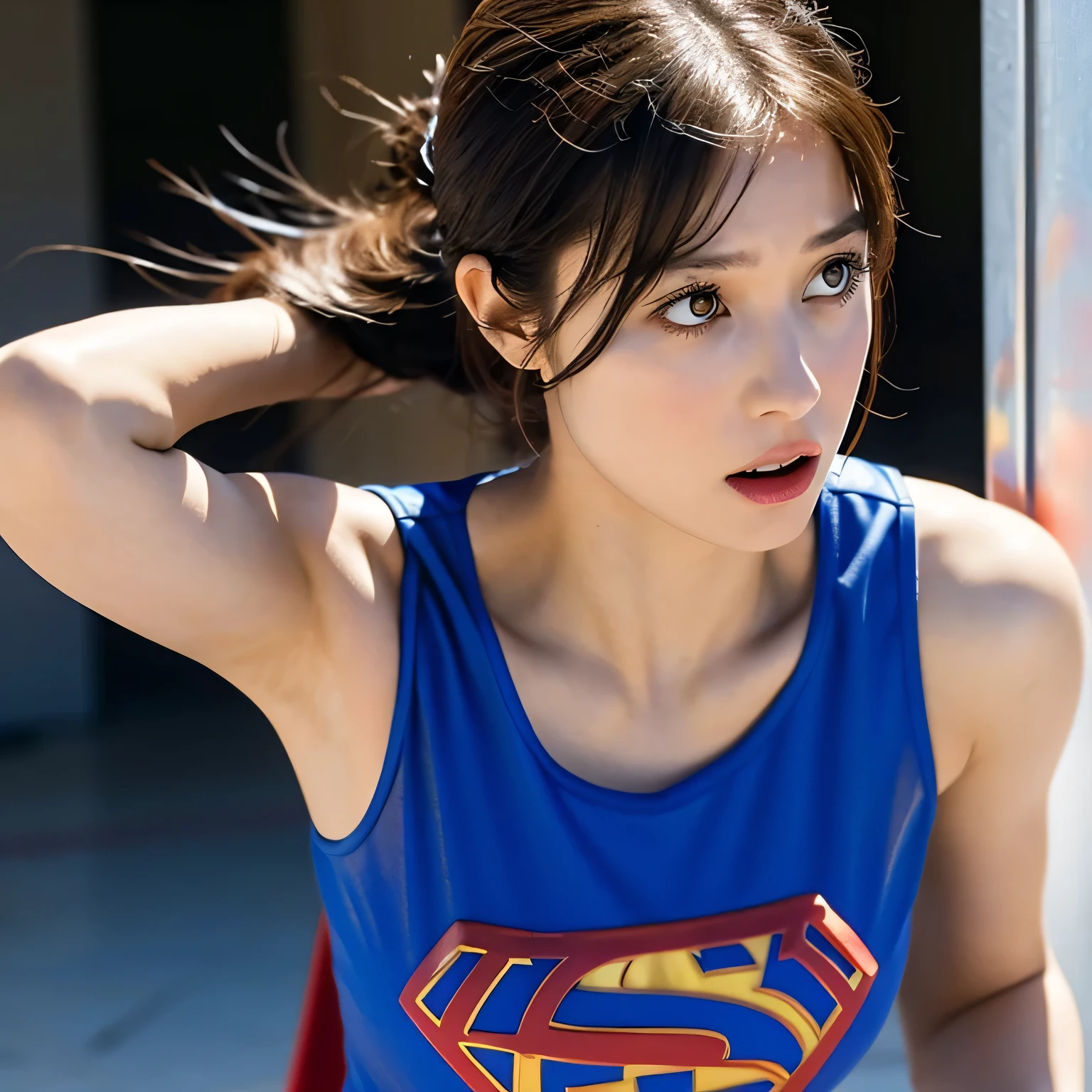 Supergirl, Beautiful Supergirl, 29 years old, Height : 152 CM, at desert, midday, supergirl tanktop costume, hair tied, hair bangs, Supergirl was sweating profusely, Supergirl had wet sweat on her chest, Supergirl had wet sweat on her head, Supergirl is shocked, Supergirl looks up, Supergirl looks scared, Supergirl screamed in pain, supergirl defeated, supergirl tanktop costume is torn, Supergirl fights against a giant, Supergirl is seriously injured, Supergirl cried, supergirl in peril