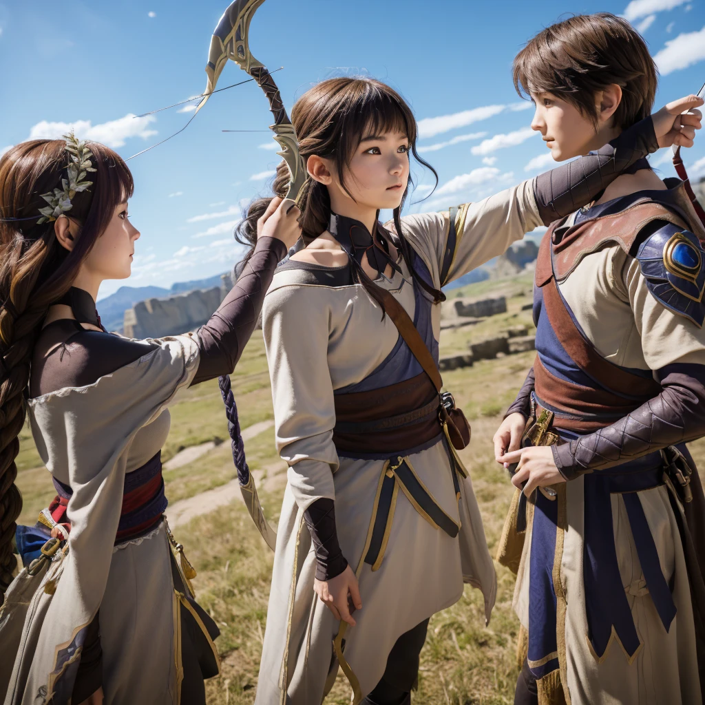 Male, handsome, young man, shota, light brown hair, brave, refreshing, medieval, holding a bow, about to fire an arrow, aiming at the target, inspired by Robin Hood and Link from The Legend of Zelda, with an anime touch, against a blue sky