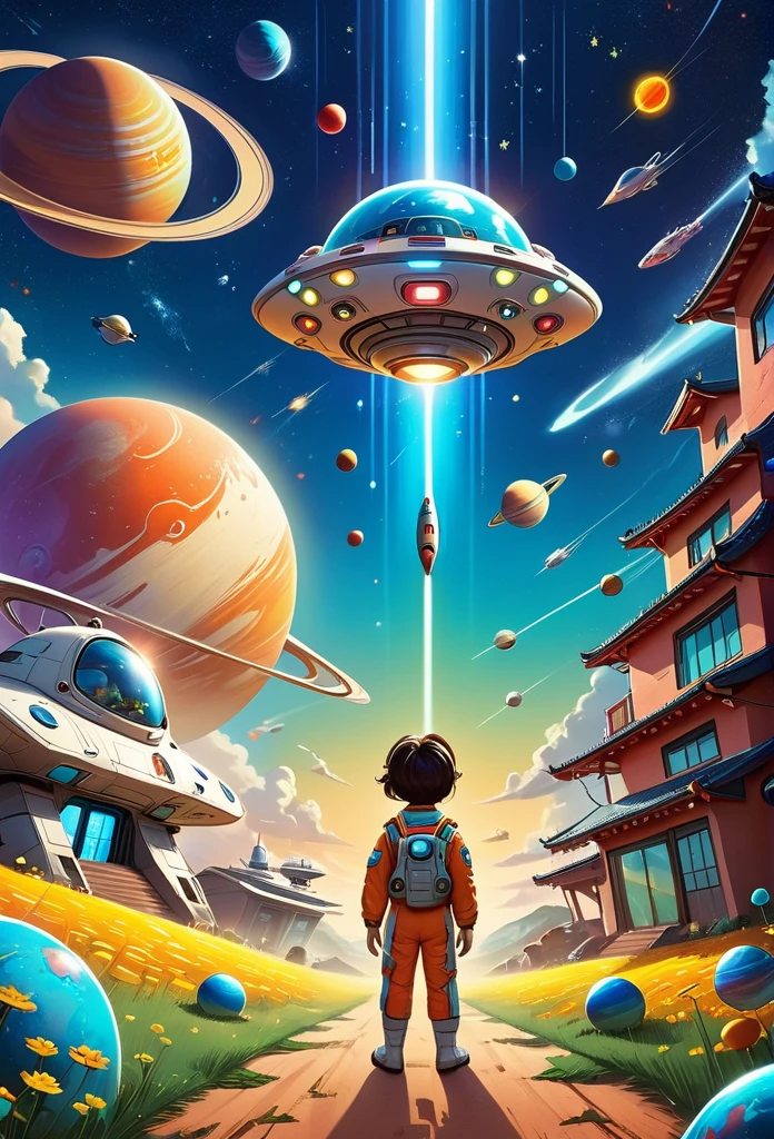 Three-dimensional illustrations of things such as the universe, pilot, spaceship,planet, in lively illustrations, childlike numbers, Hallyu, advertising poster, Use of bright colors, earthen wall, Light colored field, light filled scene,of the future, impersonal, glow, undercover