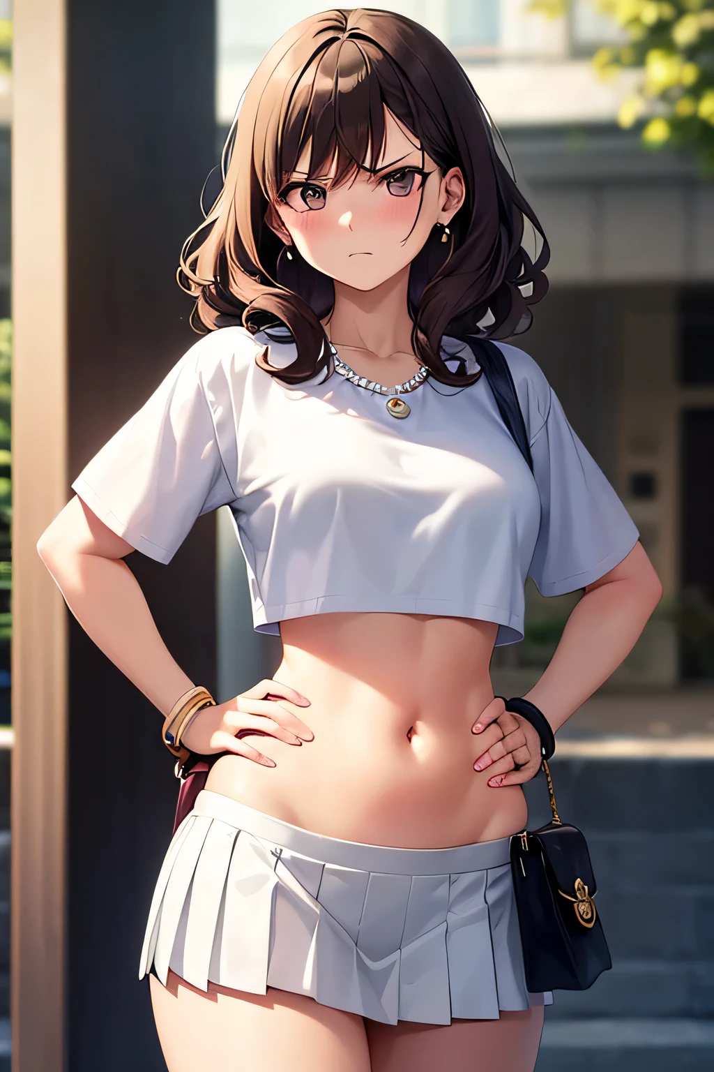 super fine illustration, vibrant colors, masterpiece, sharp focus, best quality, depth of field, cinematic lighting, ultra detailed, crop top, white shirt, short sleeves, white pleated skirt, navel, belly button, tummy, wide hips, 1 girl, solo, milf, curly hair, slender, blush, annoyed, mature female, tall woman, looking down, small breasts, stomach, purse, street, city, bangle, earring, pearl necklace, angry, only one hand on hip, thighs 
