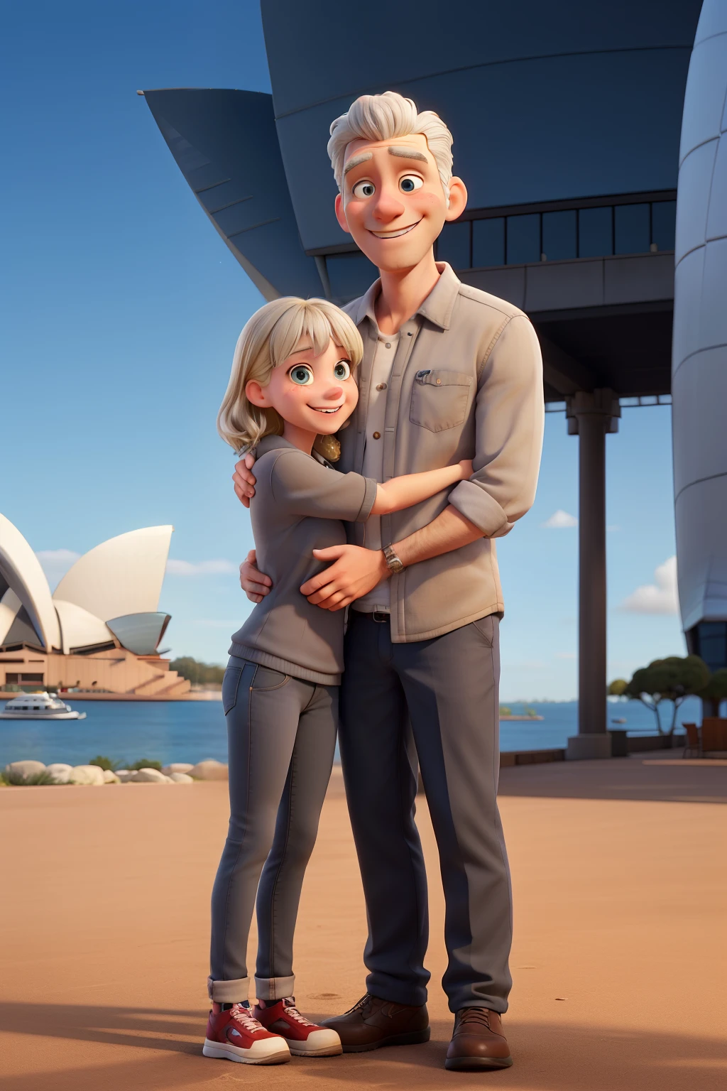 a dad with grey hair, tall and smiling, hugging a young woman. She is tall, blonde haired, smiling, too. They are in fornt of the Sydney Opera