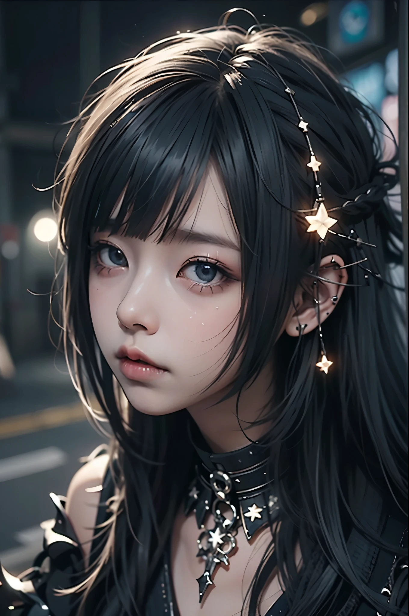 RAW Photos, Realistic, Ultra-realistic, celestial girl, simple dress, floating in the night sky, beautiful stars and moon, bright blue city lights below, looking up, viewed from above, all elements glowing blue, world-class illustration, award-winning, fantasy illustration, vivid hues, detailed and soft lighting, Highest quality, masterpiece, Ultra-high resolution, 8K
