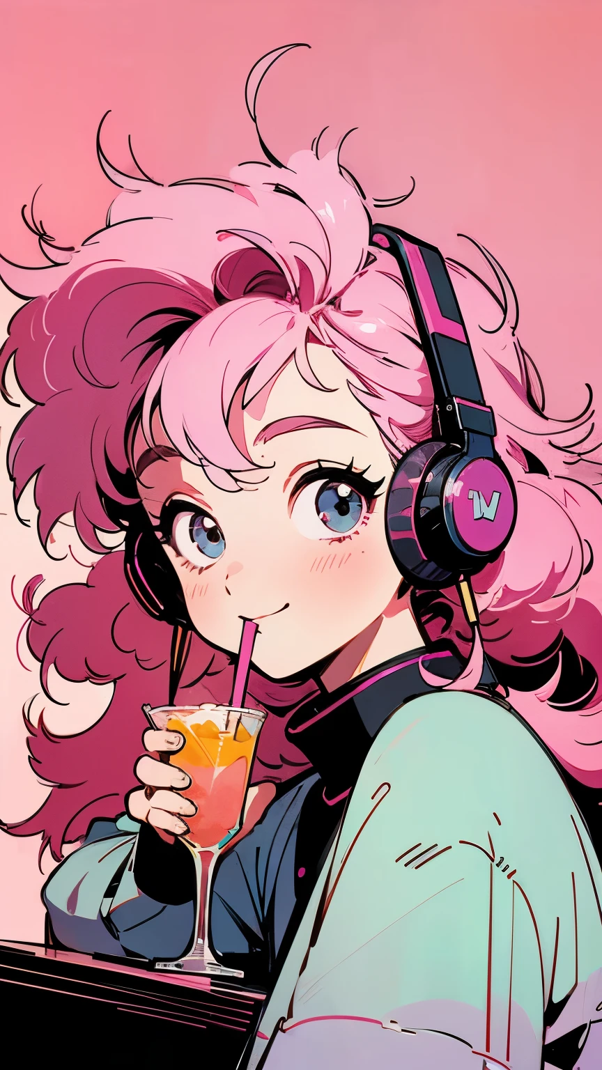 masterpiece, Pink Hair Girl,Fluffy hair, Wear headphones, City Pop Style, Futuristic,Retro, A light smile, Drinking cocktails at a jazz bar,Exact number of arms,Exact finger count,