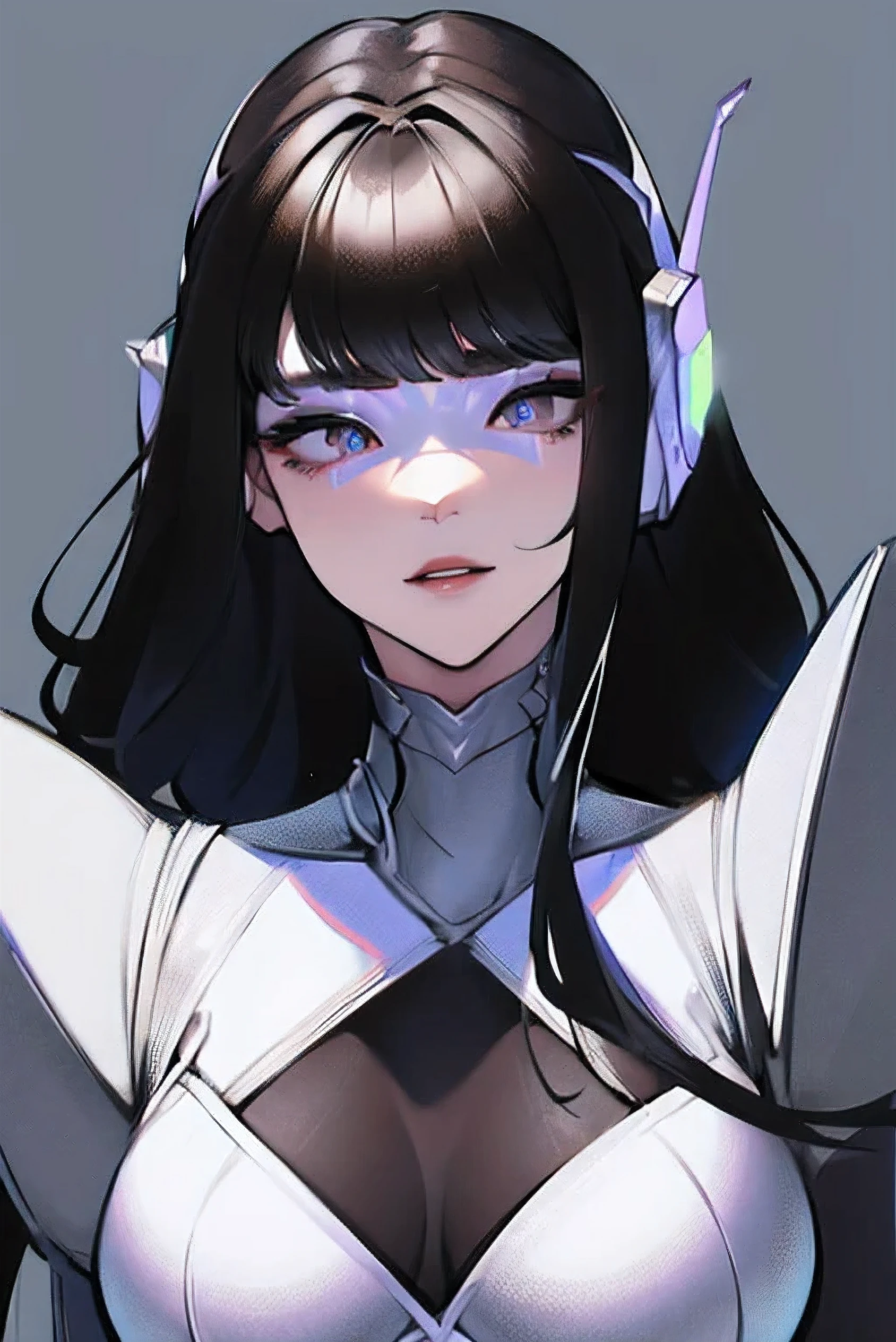 empty eyes,robotized woman ,big bust,Robot Joint ,Metal skin,Black suit,long hair