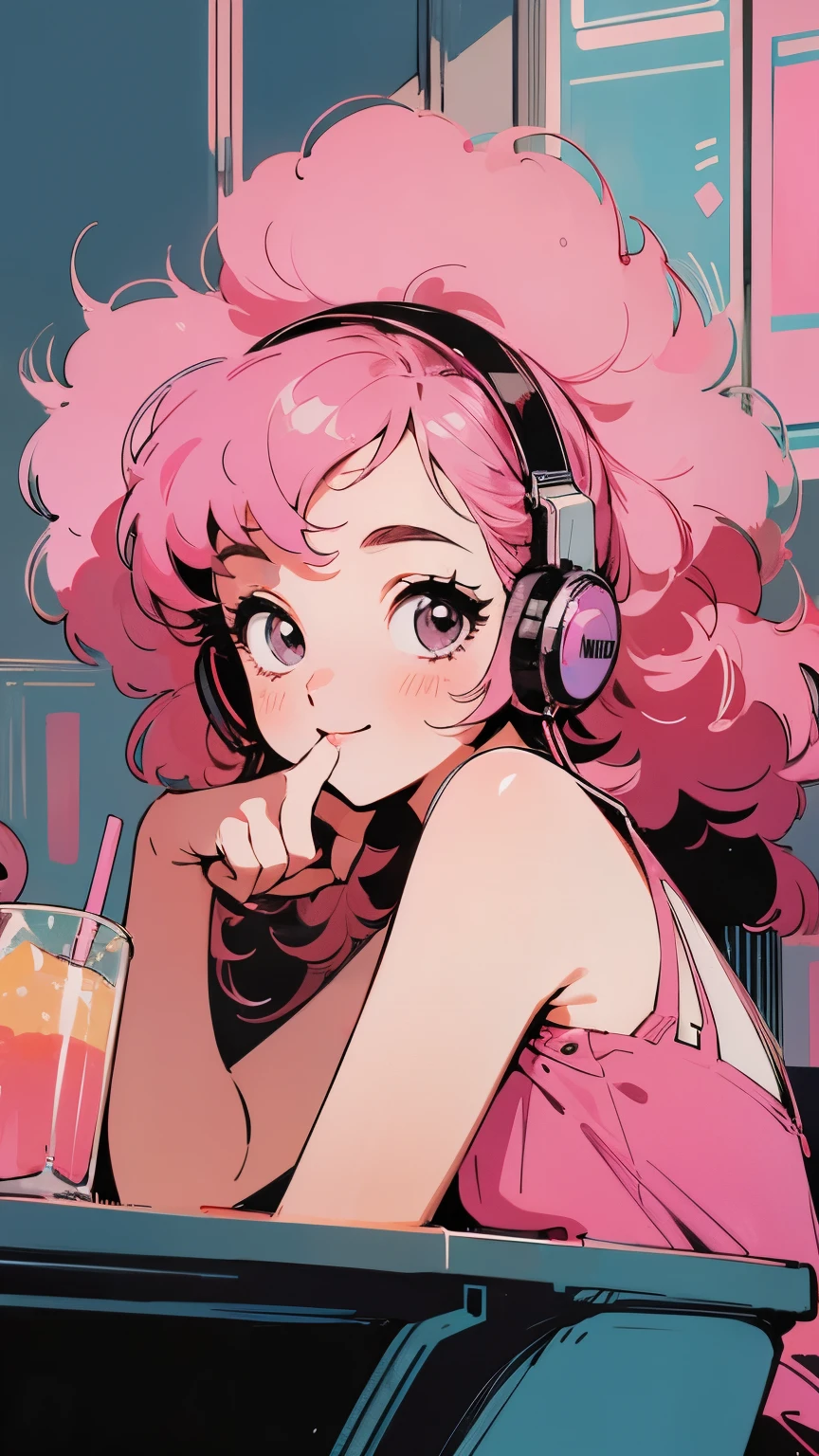 masterpiece, Pink Hair Girl,Fluffy hair, Wear headphones, City Pop Style, Futuristic,Retro, A light smile, Drinking cocktails at a jazz bar,Exact number of arms,Exact finger count,