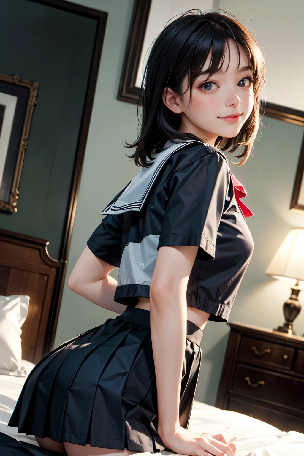 very cute and beautiful girl,(highly detailed beautiful face and eyes),
(smile:1.25),blush,embarrassed,looking at viewer,black hair,serafuku,short sleeve,pleated navyblue mini skirt,
(looking back,from behind),(leaning forward,hands at furniture,from below),
hotel bedroom,victorian gorgeous furnitures,gorgeous interior,
(best quality,masterpiece),absurdres,highres,ultra-detailed,extremely detailed,32k,8k resolution,
intricate details,cinematic scene,detailed background,solo,dynamic angle,
perfect hands,beautiful hands,