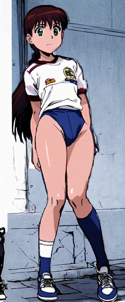 Miyanoshita Satsuki, with her beautiful legs, is standing blushing in the schoolyard wearing a white gym uniform and light navy blue bloomers that look like panties.。