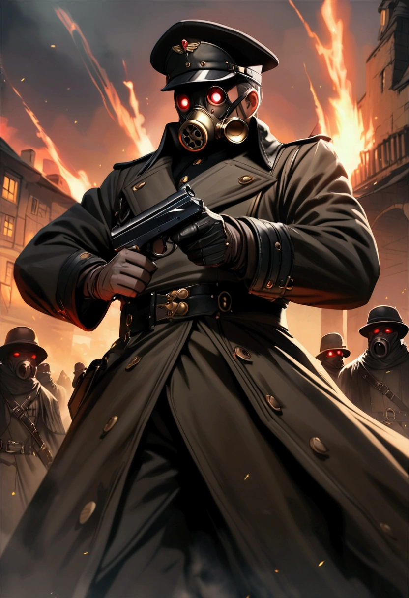 Dark steampunk officer, dark fantasy, holding a pistol, gasmask with red glowing eyes, coat, hat, intimidating, executing villagers, german ww2 style