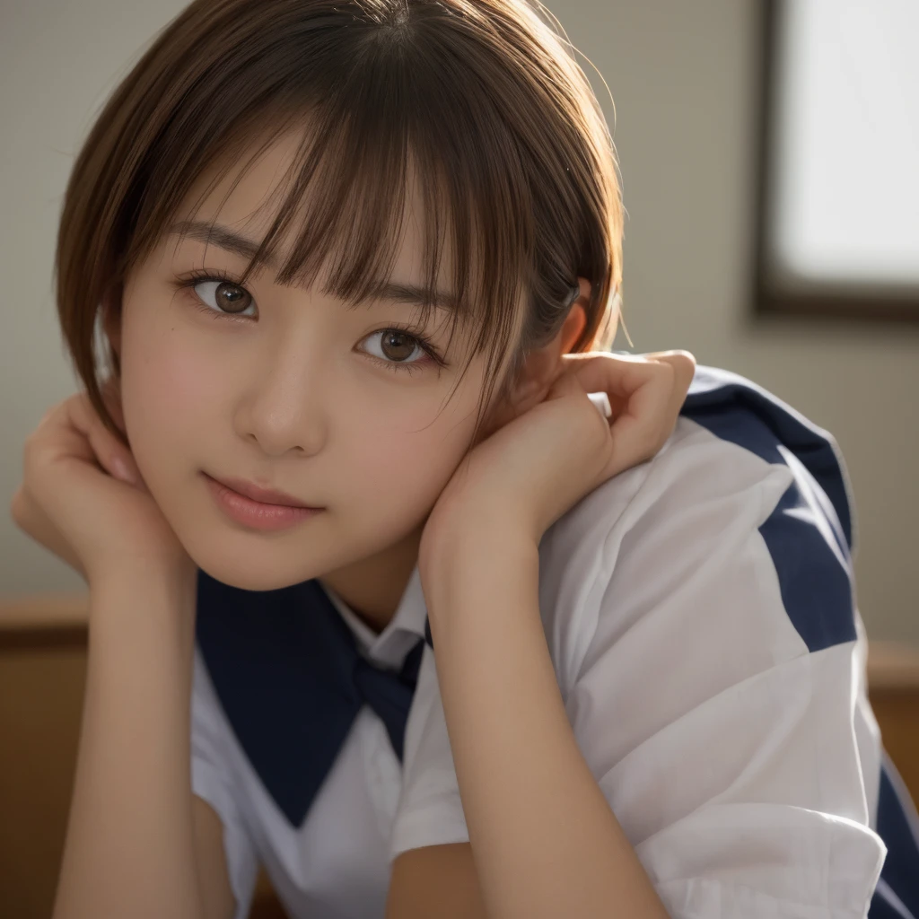 Highest quality, Face Focus, Soft Light, Ultra-high resolution, (Realistic:1.4), RAW Photos, 1 Japanese girl, alone, cute, (A shy smile:0.5), (Brown eyes, Light in your eyes), Beautiful face in every detail, (Small box),(High resolution detail of human skin texture), (Short Bob Hair), break, In the classroom,Navy uniform, Best, skirt