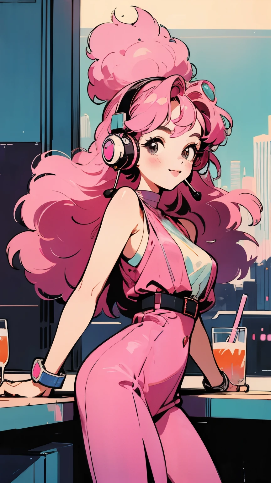 masterpiece, Pink Hair Girl,Fluffy hair, Wear headphones, City Pop Style, Futuristic,Retro, A light smile, Drinking cocktails at a jazz bar,Exact number of arms,Exact finger count,