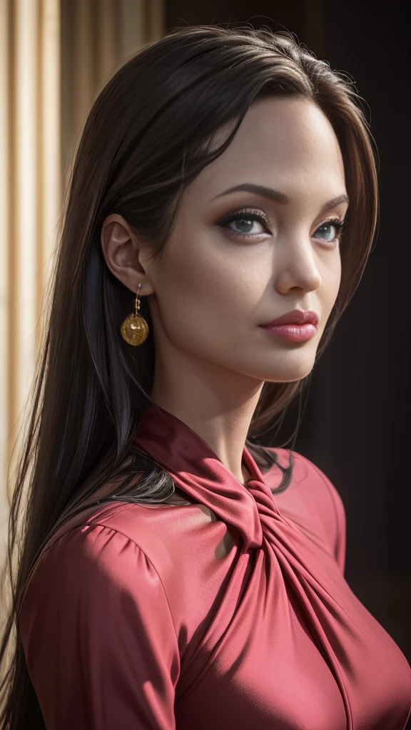 waist high,(best quality,4k,8k,highres,masterpiece:1.2),ultra-detailed,(realistic,photorealistic,photo-realistic:1.37),portrait of 25 year old tall Angelina Jolie,gazing at camera,looking over her shoulder,cinematic lighting,vibrant colors,dramatic atmosphere,celebrity,glamorous,fashionable,red carpet,event,beautiful detailed eyes,beautiful detailed lips,expressive facial expression,allured chest,small waist,hips,legs, pink dress, wind blowing her hair,golden earrings,impeccable makeup,confidence,powerful presence,emotional intensity,close shot,professional photographer,high fashion styling,couture,low-angle shot,graceful posture,beauty,item presence,exclusive,modern,stylish setting,captivating,eye-catching,artistic style,alluring,mesmerizing,high contrast,sleek,highly detailed features,luxurious background,refined,elaborate composition,classic yet contemporary,subtle chiaroscuro,soft shadows,depth and dimension,popular icon,leading lady,volumetric light, crouching, pink dress