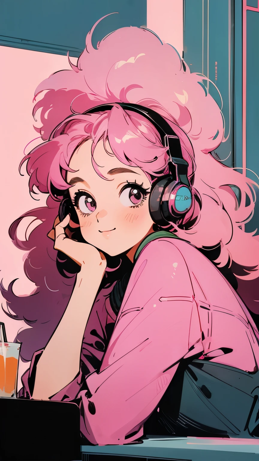 masterpiece, Pink Hair Girl,Fluffy hair, Wear headphones, City Pop Style, Futuristic,Retro, A light smile, Drinking cocktails at a jazz bar,Exact number of arms,Exact finger count,