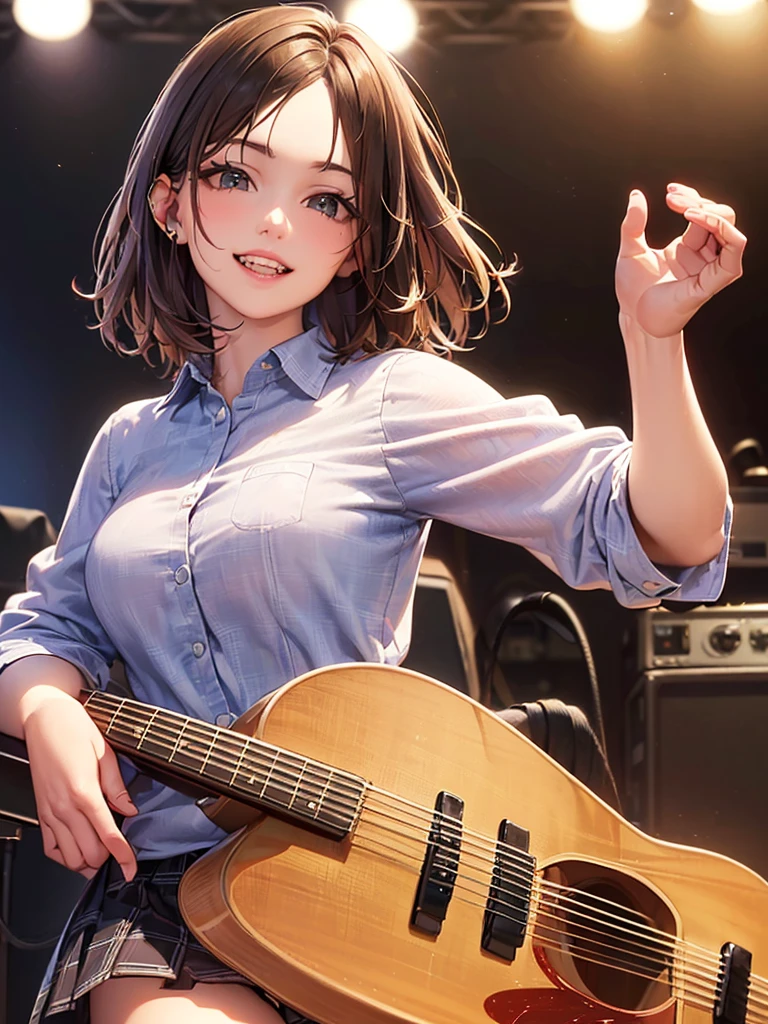 (Highest quality、8k、32K、masterpiece)、(Realistic)、(Realistic:1.2)、(High resolution)、Very detailed、Very beautiful face and eyes、(((Women's Solo Shot)))、Tight waist、(Highest quality、Attention to detail、Rich skin detail)、(Highest quality、8k、Oil paints:1.2)、(Realistic、Realistic:1.37)、Bright colors、(((Cowboy Shot)))、(((Bob Hair)))、(((Medium Hair)))、(((He has a happy face.)))、((smile))、(((Brown Hair)))、((Collared short-sleeved shirt, Checked shirt, Red and white shirt、red and white checked shirt、Black pleated skirt, mini skirt), )、(((Large crowd)))、(((Band performance)))、(((Inside the live house)))、(((Teeth are visible)))、(((She is a guitarist)))、((Waiting for the guitar))、(((Playing guitar)))