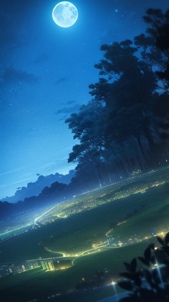Night scenery with moon, A bright moon in the sky ( sem pessoas) e uma floresta no fundo, ceu negro, anime scenery,  with ultra-realistic lines and details in high definition.