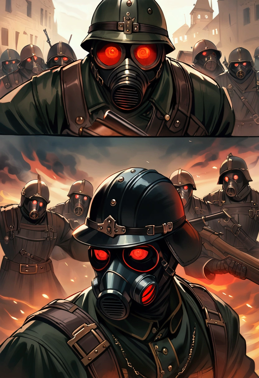 Dark steampunk soldier, dark fantasy, holding a rifle, gasmask with red glowing eyes, armor,helmet, intimidating, executing villagers, german ww2 style