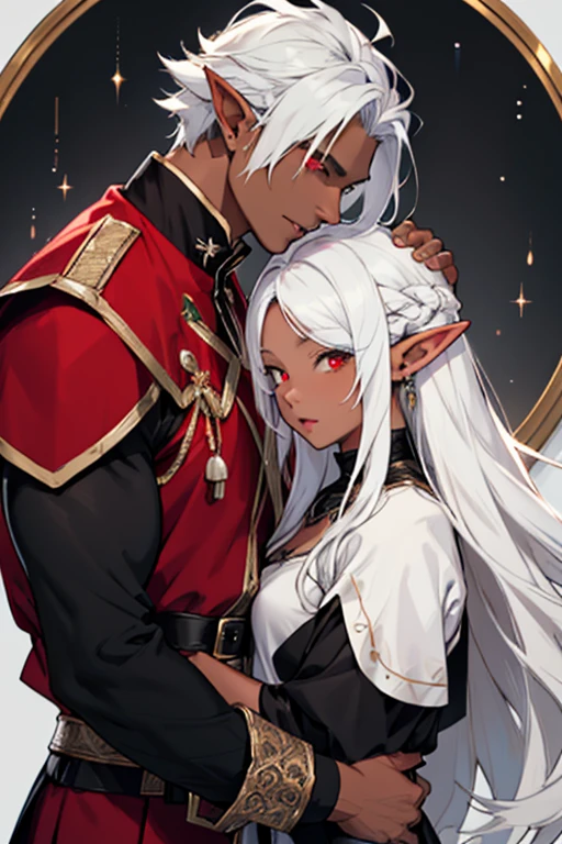 1 couple, red eyed man, skin black, white  hair, wearing black clothes, Elf Man, Red eyed woman, white hair, wearing black clothes, elf  woman, dark skin woman, Dark skin man