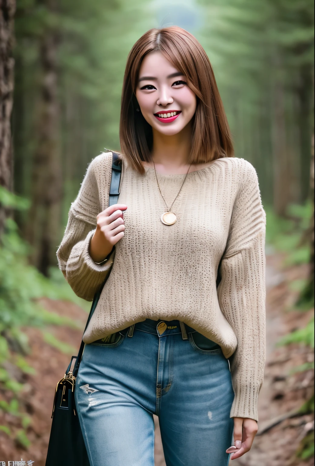 (best quality), (8k), Japanese, (21 years old), (1 woman), (university student), ((Flashy appearance)), ((A light-hearted character)), brown hair, grinning, Thin lips, Casual clothes, d cup, Touching your own body, at Dirt road in the mountains, forest, full body, Standing, shoot from front, watching at Viewer,