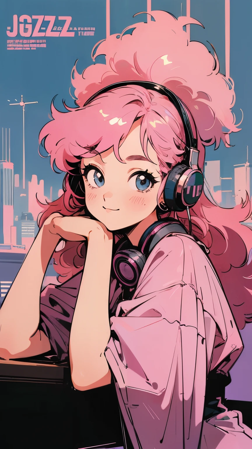 masterpiece, Pink Hair Girl,Fluffy hair, Wear headphones, City Pop Style, Futuristic,Retro, A light smile, Drinking cocktails at a jazz bar,Exact number of arms,Exact finger count,